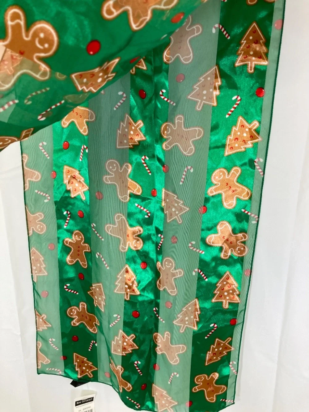 Christmas Scarf Green Silk Feel Gingerbread All Over Print NWT Bay Studio